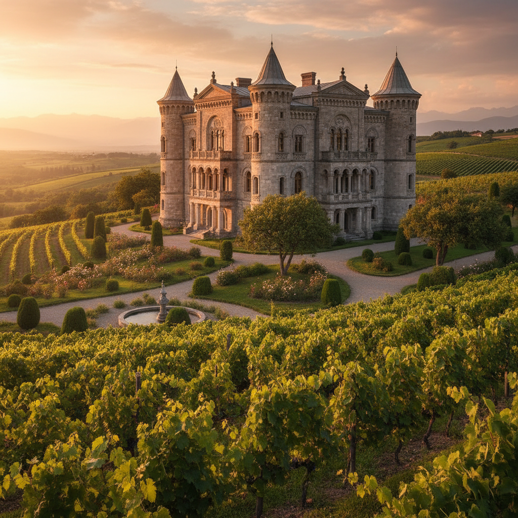 Prestigious wine estate with ancient stone chateau surrounded by manicured vineyards