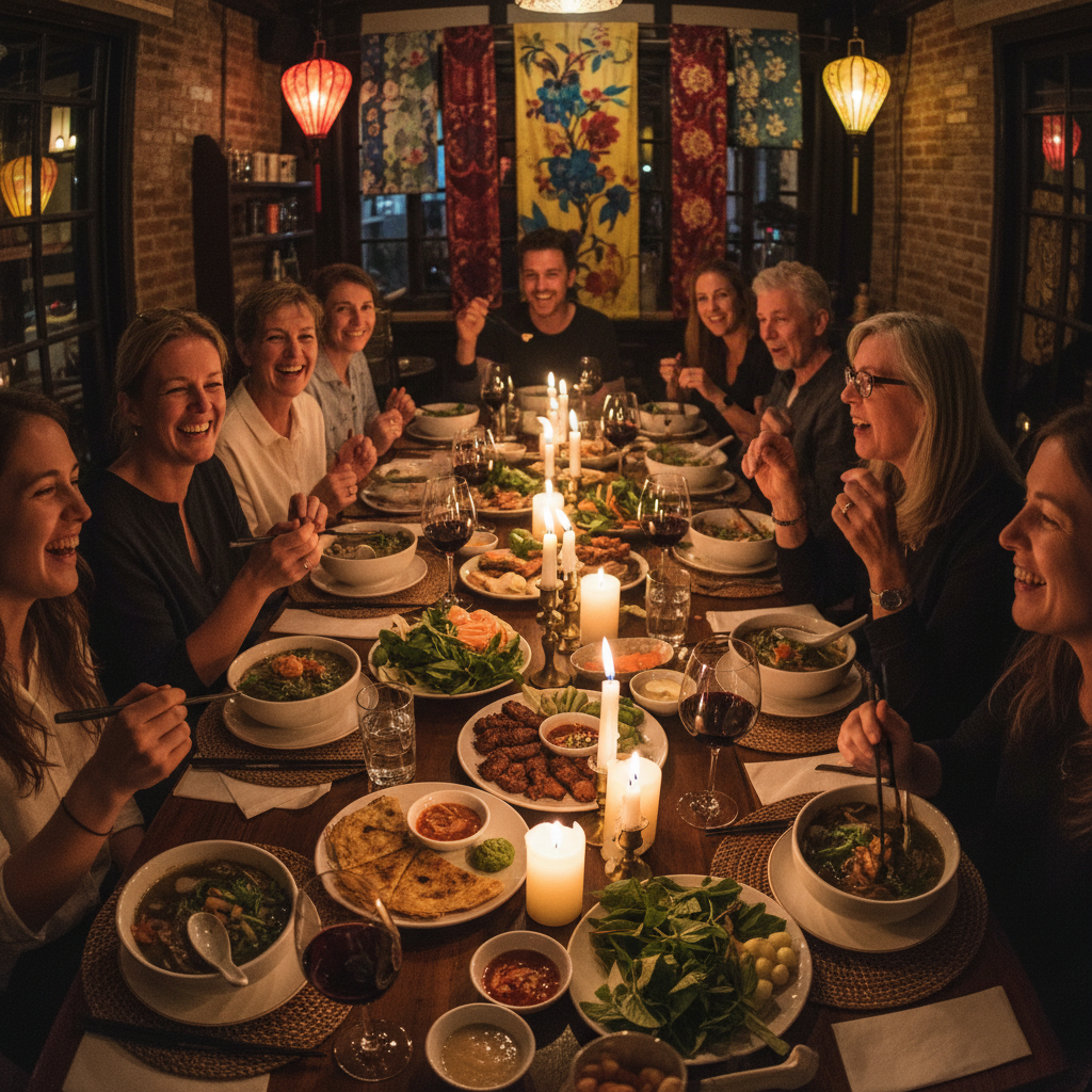 Guests gathered around a candlelit table sharing Vietnamese dishes at a past Phở Supper Club evening