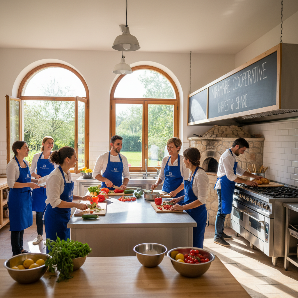 Team della cooperativa Miramare al lavoro in cucina, ambiente luminoso e accogliente