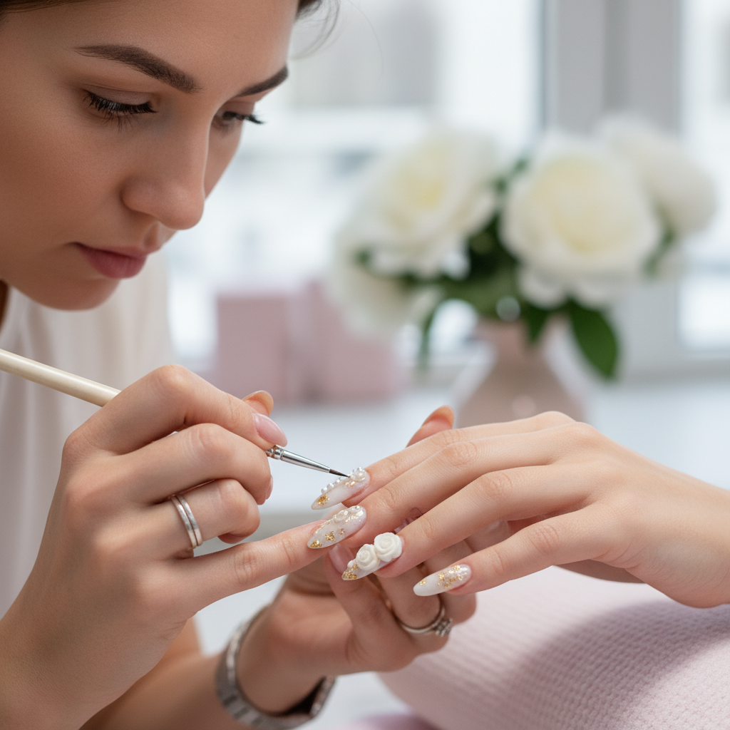 Elegant bridal manicure with delicate lace nail art and pearl accents on almond-shaped nails, soft white background