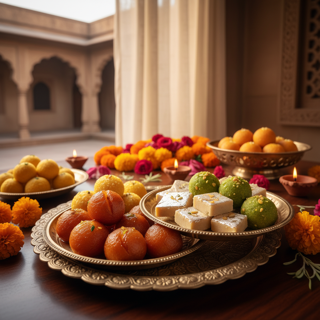 Assorted Indian sweets rasgolla gulab jamun and colorful mithai on display