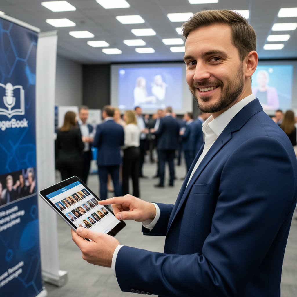 Professional man in suit smiling at corporate event