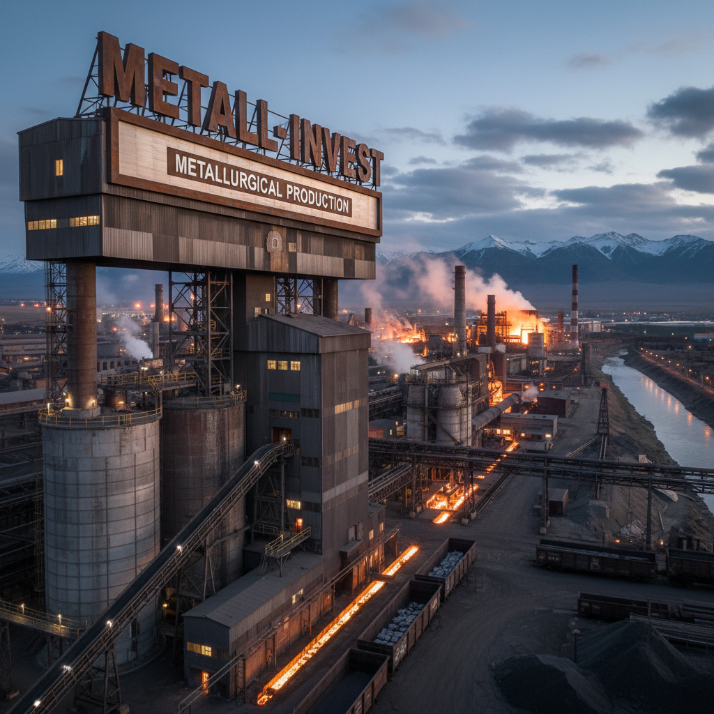 Industrial steel plant interior at night, glowing molten metal, dark atmospheric environment, dramatic shadows