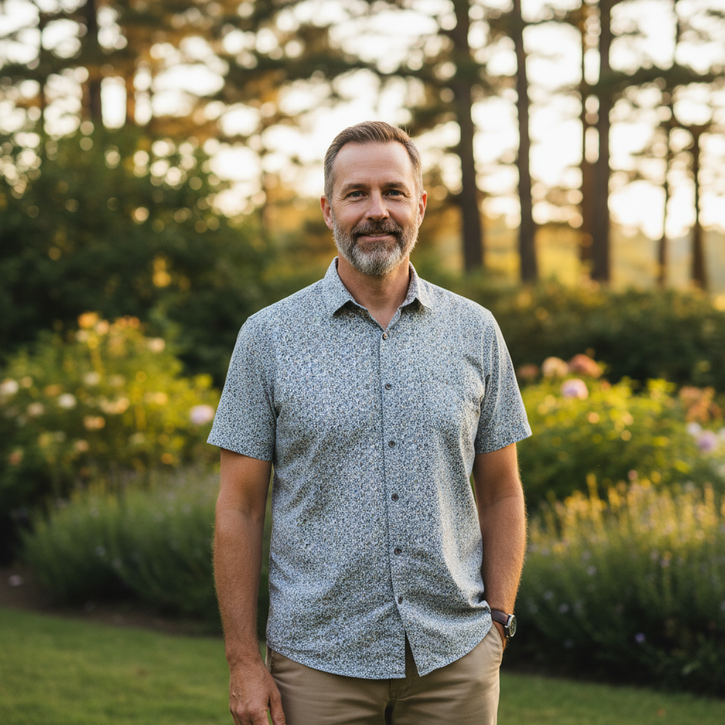 Middle-aged man with warm smile wearing casual outdoor clothing