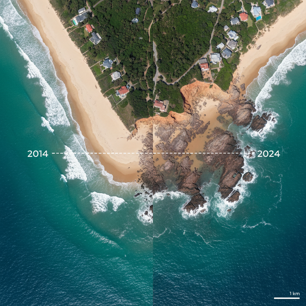 Aerial satellite view of eroding Atlantic coastline showing ten years of shoreline retreat and beach narrowing