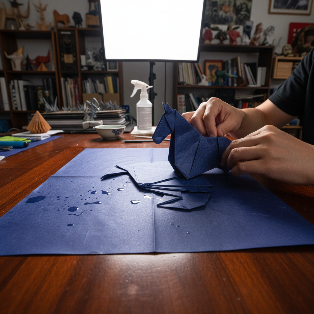 Competition folder wet-folding a horse figure at folding table under bright light