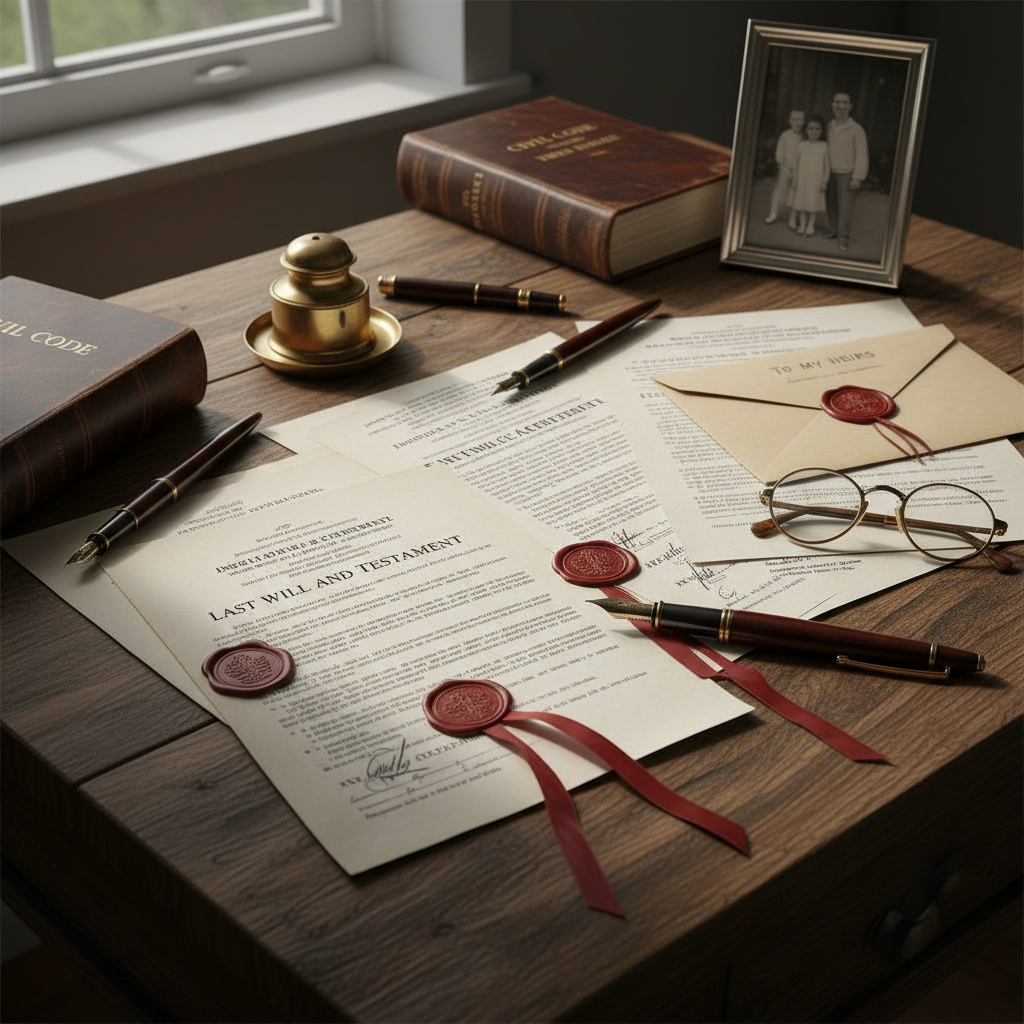 Document de testament et stylo plume sur bureau en bois, symbolisant la planification successorale