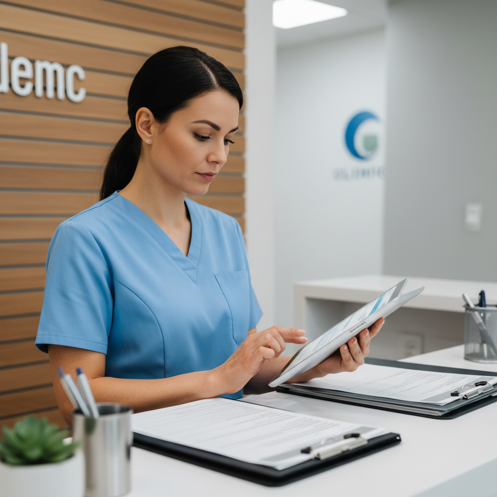 Doctor at a bright modern reception desk reviewing patient information on a tablet, warm natural lighting, welcoming clinic environment