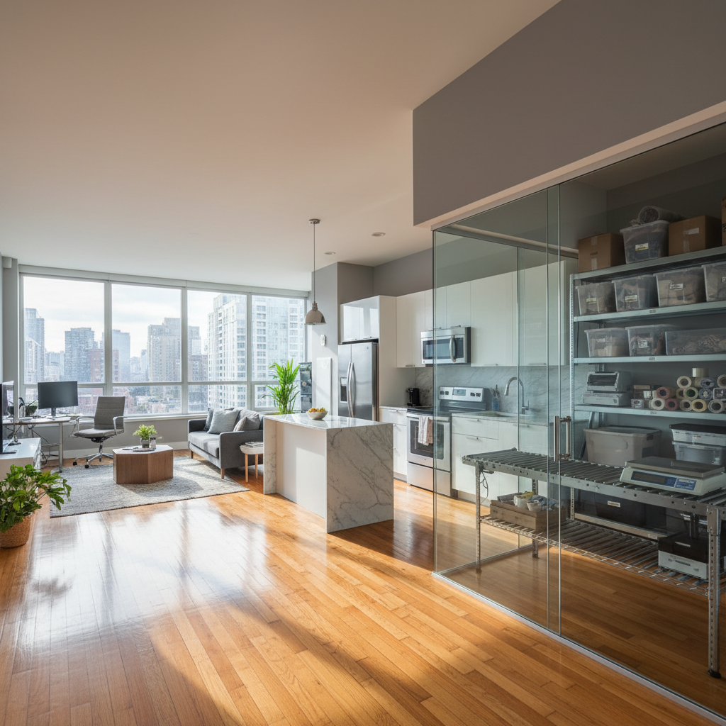 Modern live/work unit with floor-to-ceiling windows, polished wood floors, and a dedicated shipping and storage room adjacent to the kitchen