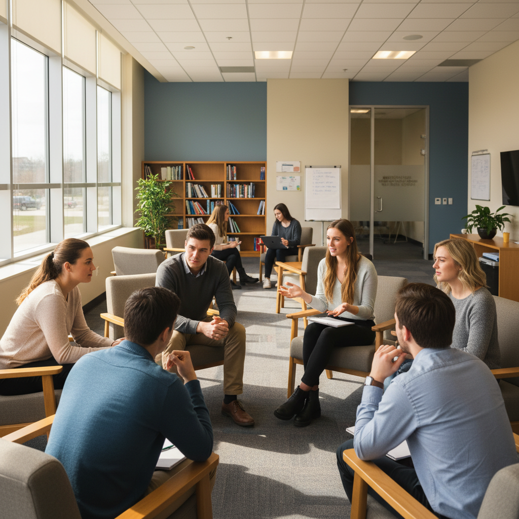 Group of young people in a discussion, collaborative environment, modern setting, engaged conversation