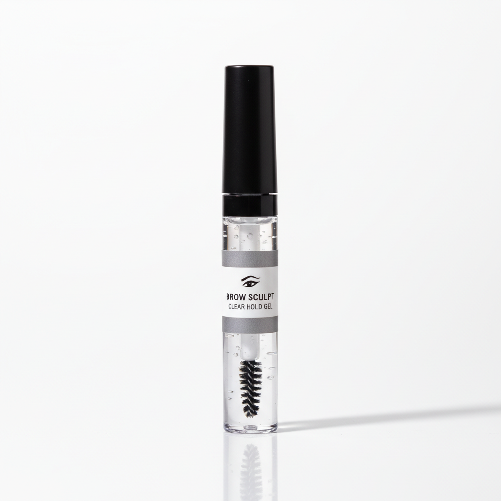 Sleek brow gel product in minimal packaging on white background clean luxury styling