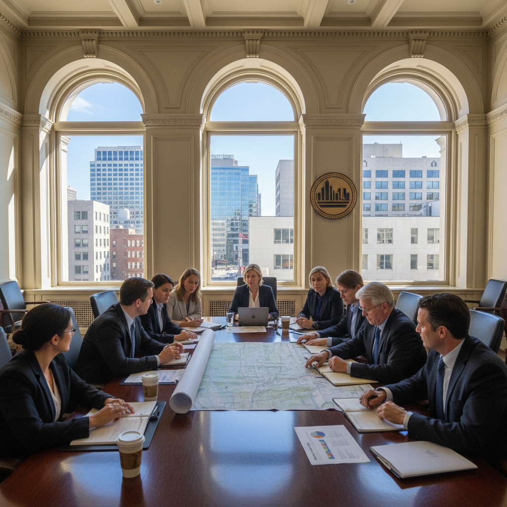 City hall meeting room with diverse municipal staff collaborating around a conference table, maps and documents visible