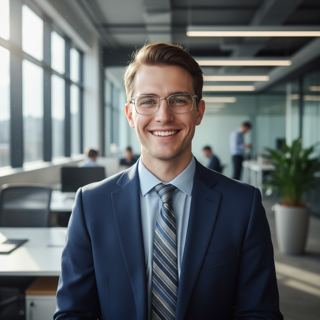Young professional man smiling in an office setting
