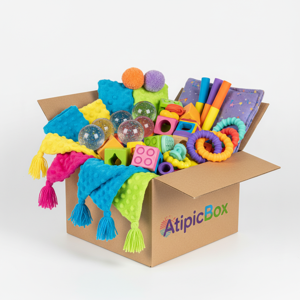 Soft pastel baby toys, rattles, and sensory toys on white fluffy blanket
