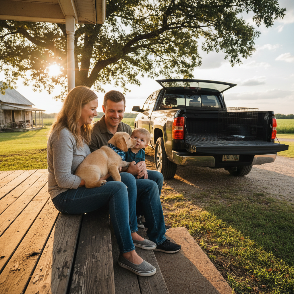 Family sitting together on a porch with their dog, warm golden hour sunset light, peaceful domestic scene