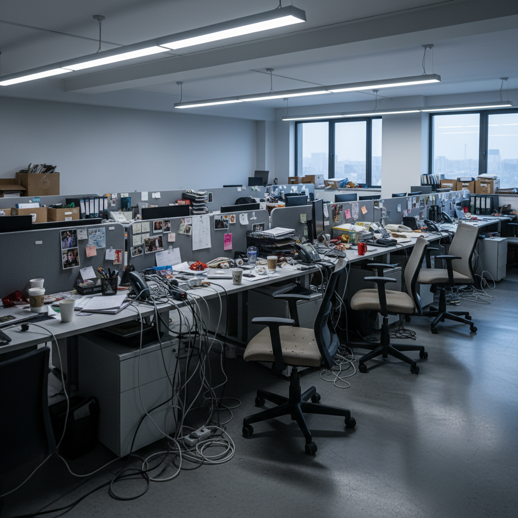 Cluttered open-plan office with fluorescent lighting and hot desks