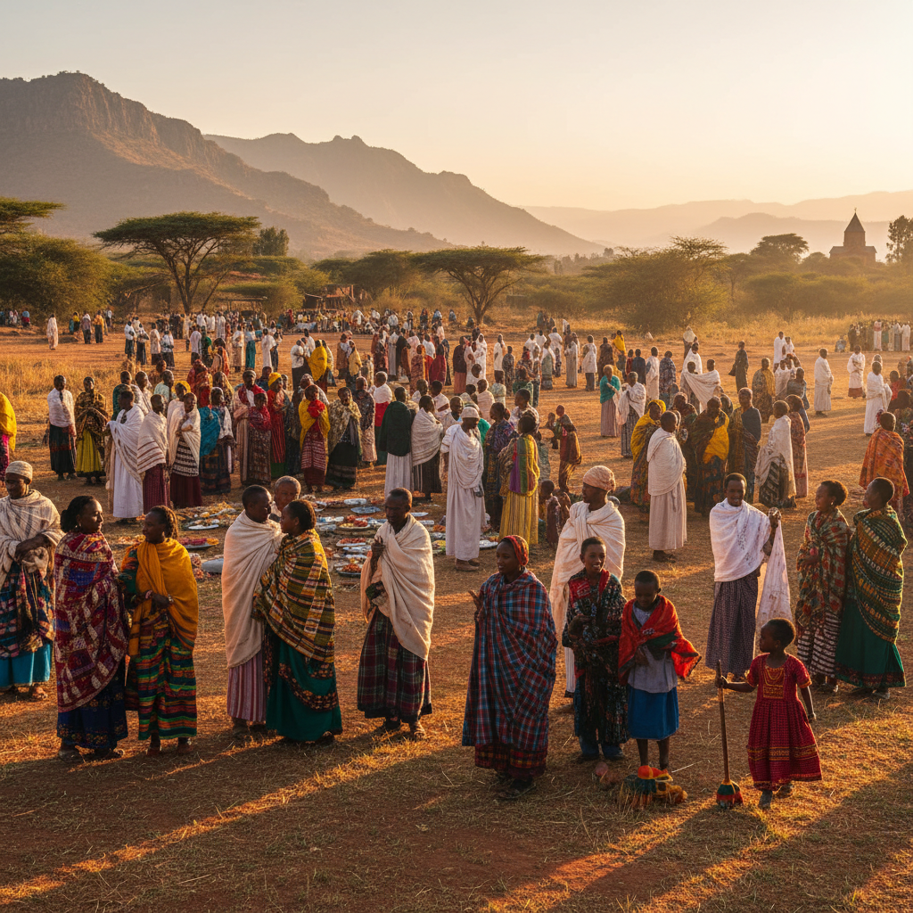Community members gathered in a sunlit outdoor space, warm tones, candid natural expressions, sense of belonging