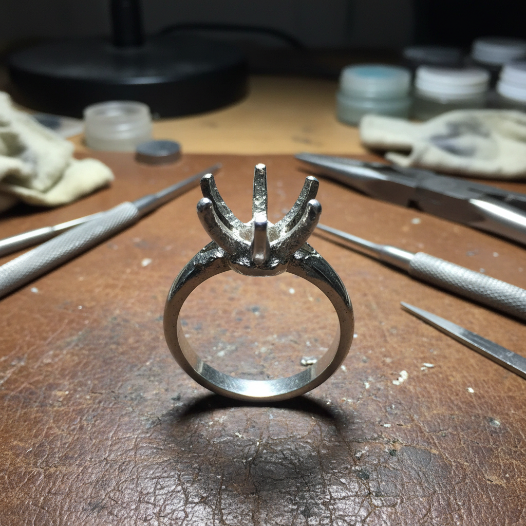 Before stone setting intensive: prong setting with uneven prong height and rough metal texture requiring cleanup