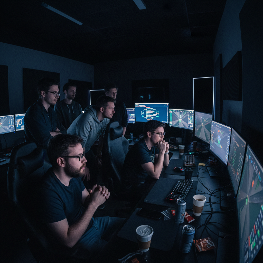 Game developers watching tournament results on multiple monitors in a dark studio