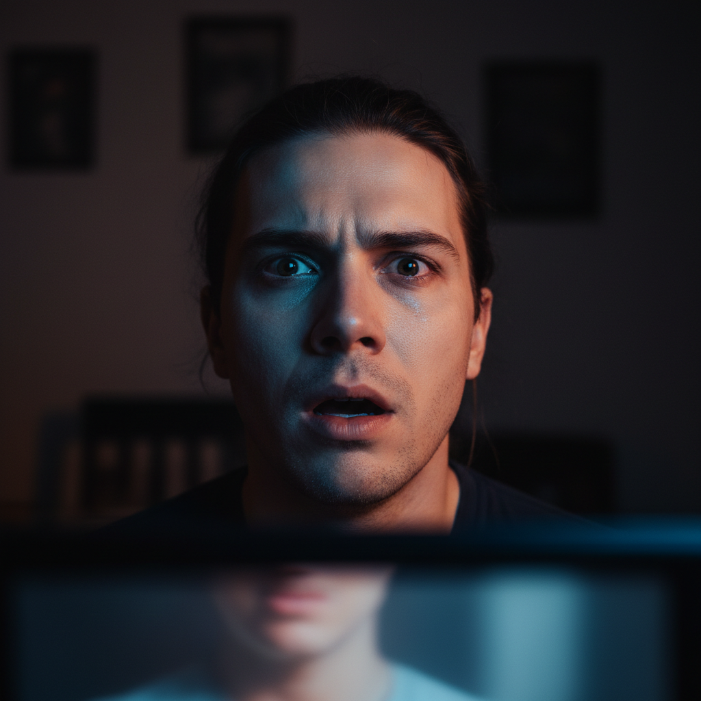 Person watching TV finale with shocked expression, face illuminated by screen glow in dark room