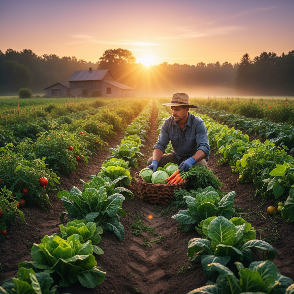 Hands harvesting medicinal herbs at sunrise on an Indigenous agroecology farm with golden morning light