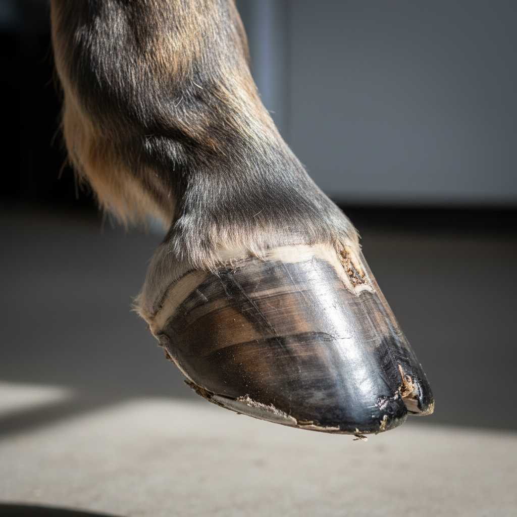 Well-balanced healthy horse hoof on clean stable floor, professional assessment setting