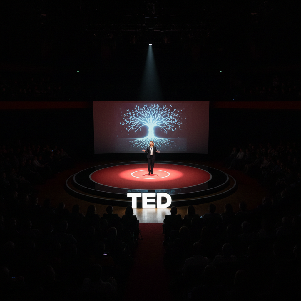 TED-style stage with single spotlight on speaker, dark auditorium background