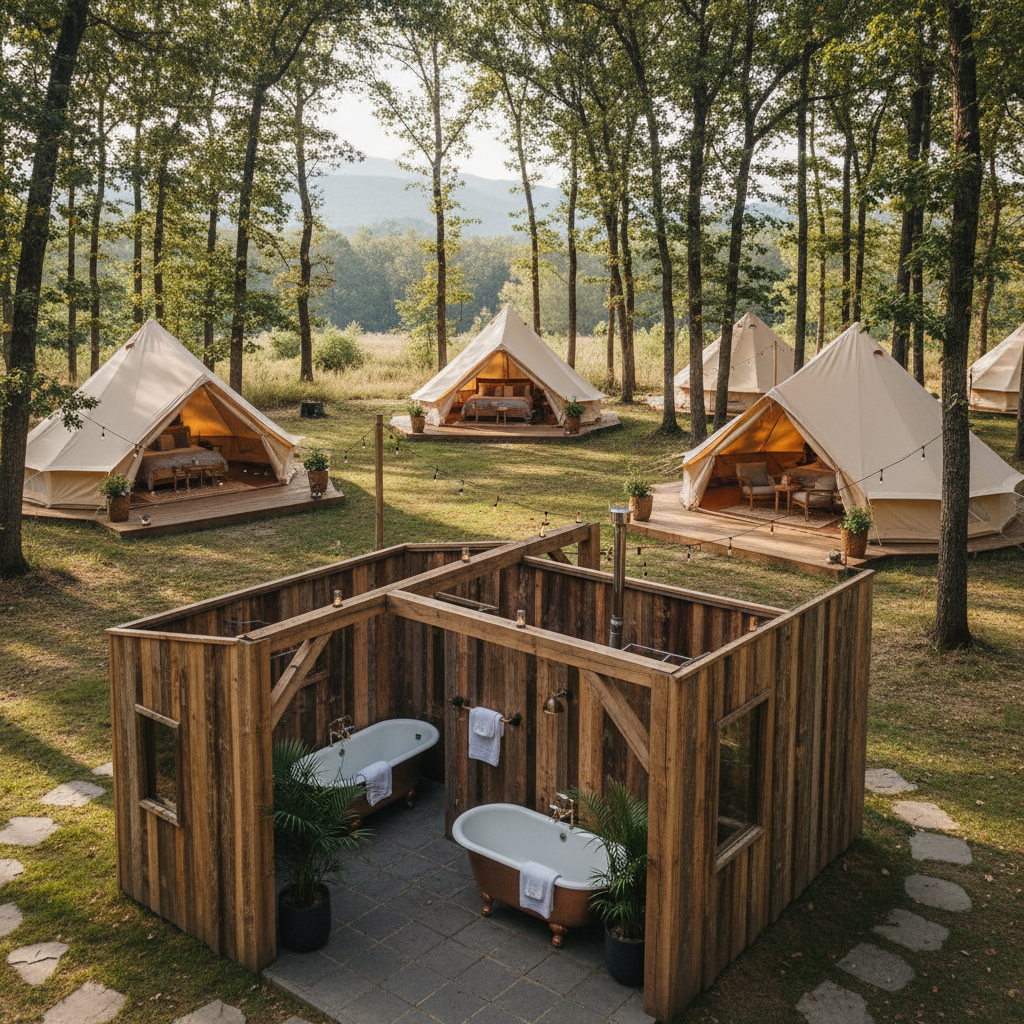 Upscale glamping site with canvas tents and timber bathhouse structure