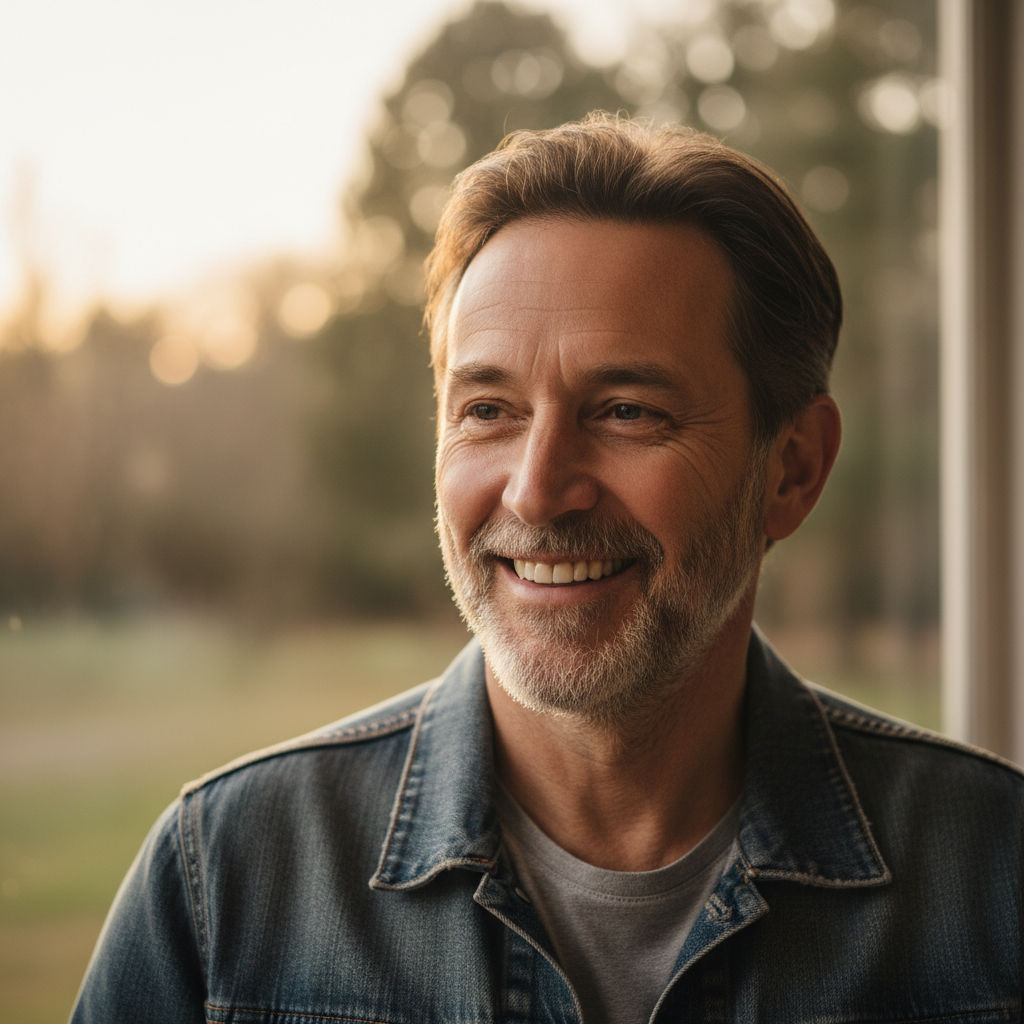 Portrait of Thomas, a bearded man in his 40s with kind eyes and a relaxed smile outdoors