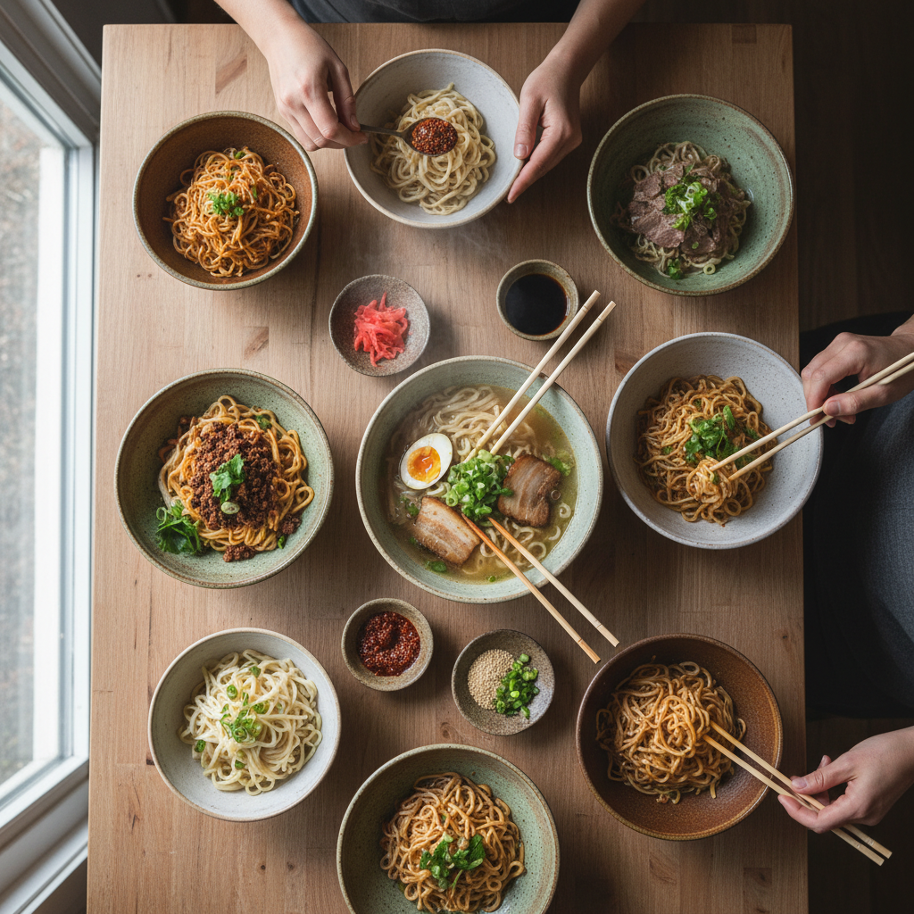 Overhead flat lay of a finished noodle workshop spread — multiple handmade bowls, chopsticks, small condiment dishes, hands visible around the table