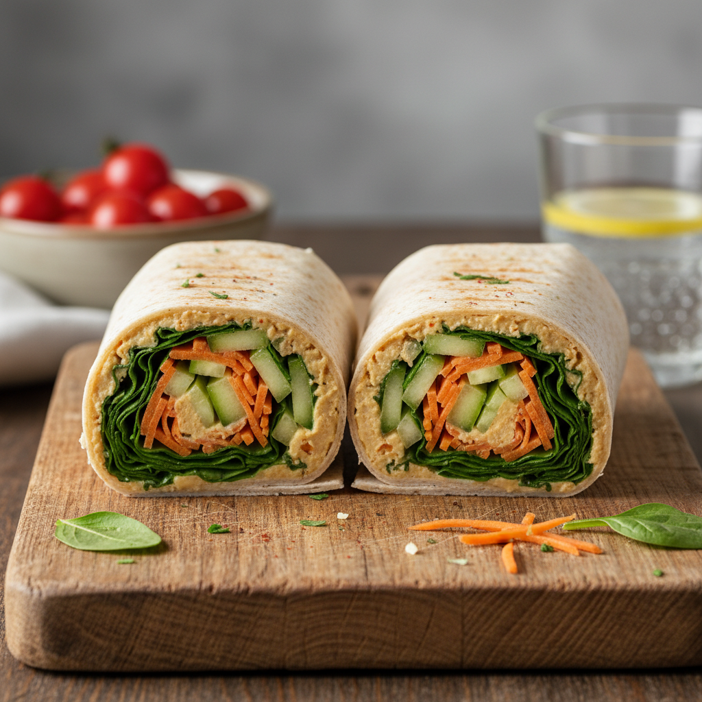 Grilled chicken gyro wrap cut in half showing layers of marinated chicken, fresh vegetables, and creamy sauce on warm flatbread in bright natural light",