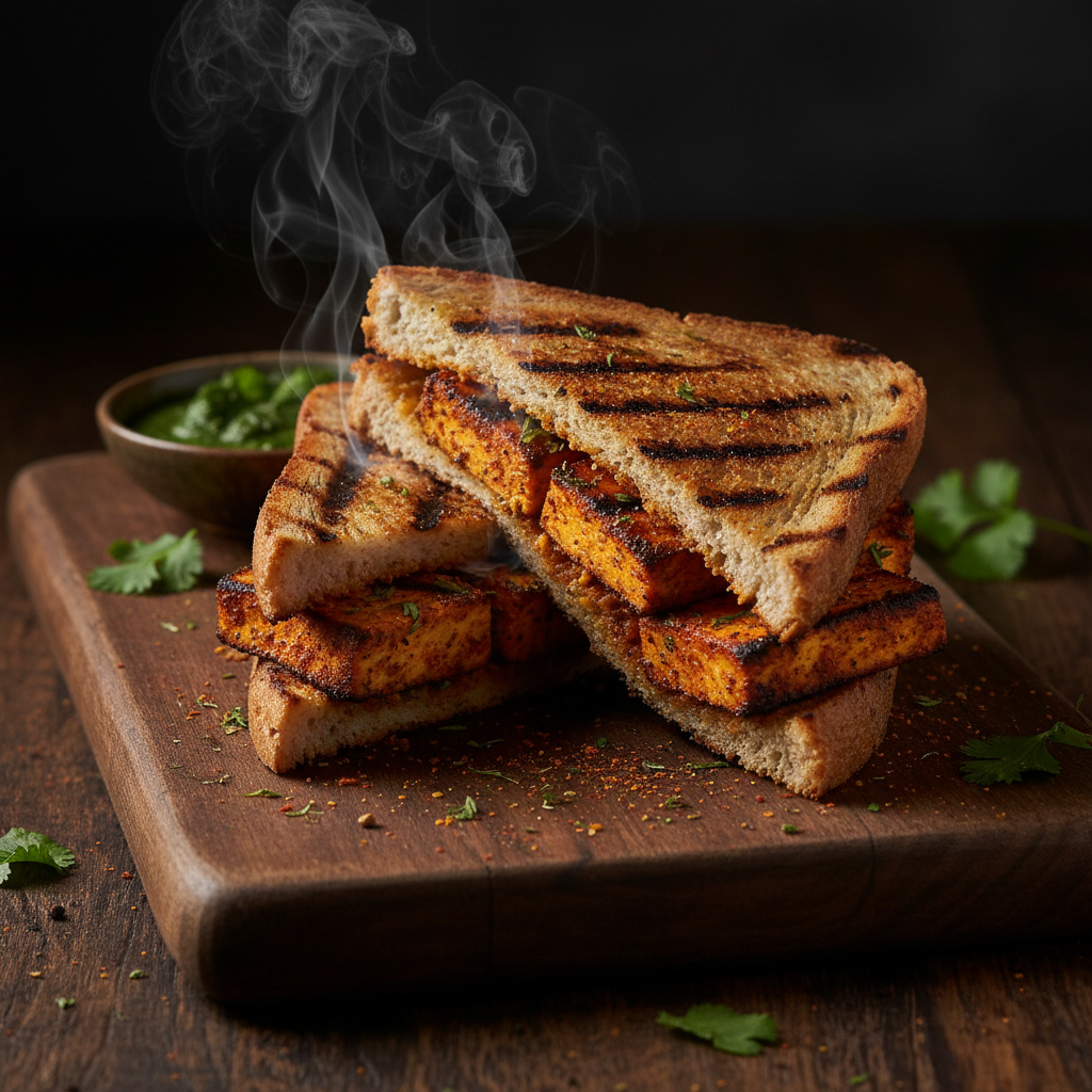 Paneer tikka on dark charcoal grill, smoky embers glowing orange, deep moody lighting, dark background