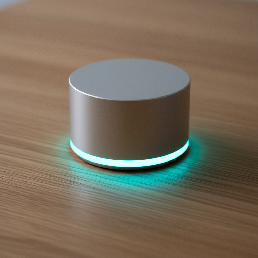 Smart home hub with glowing rings on modern clean surface, ambient blue light