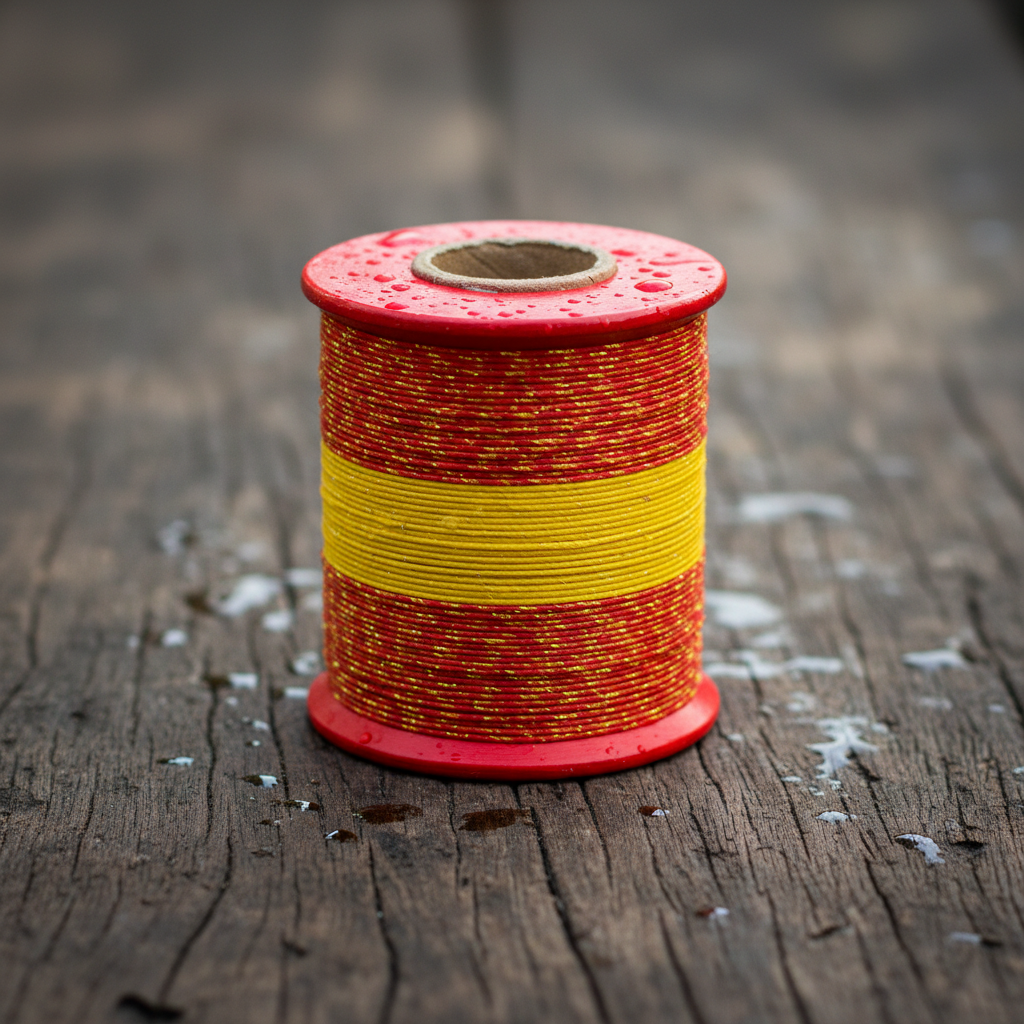 Bright red and yellow Chinese manja spool on wooden surface, sharp coated thread visible