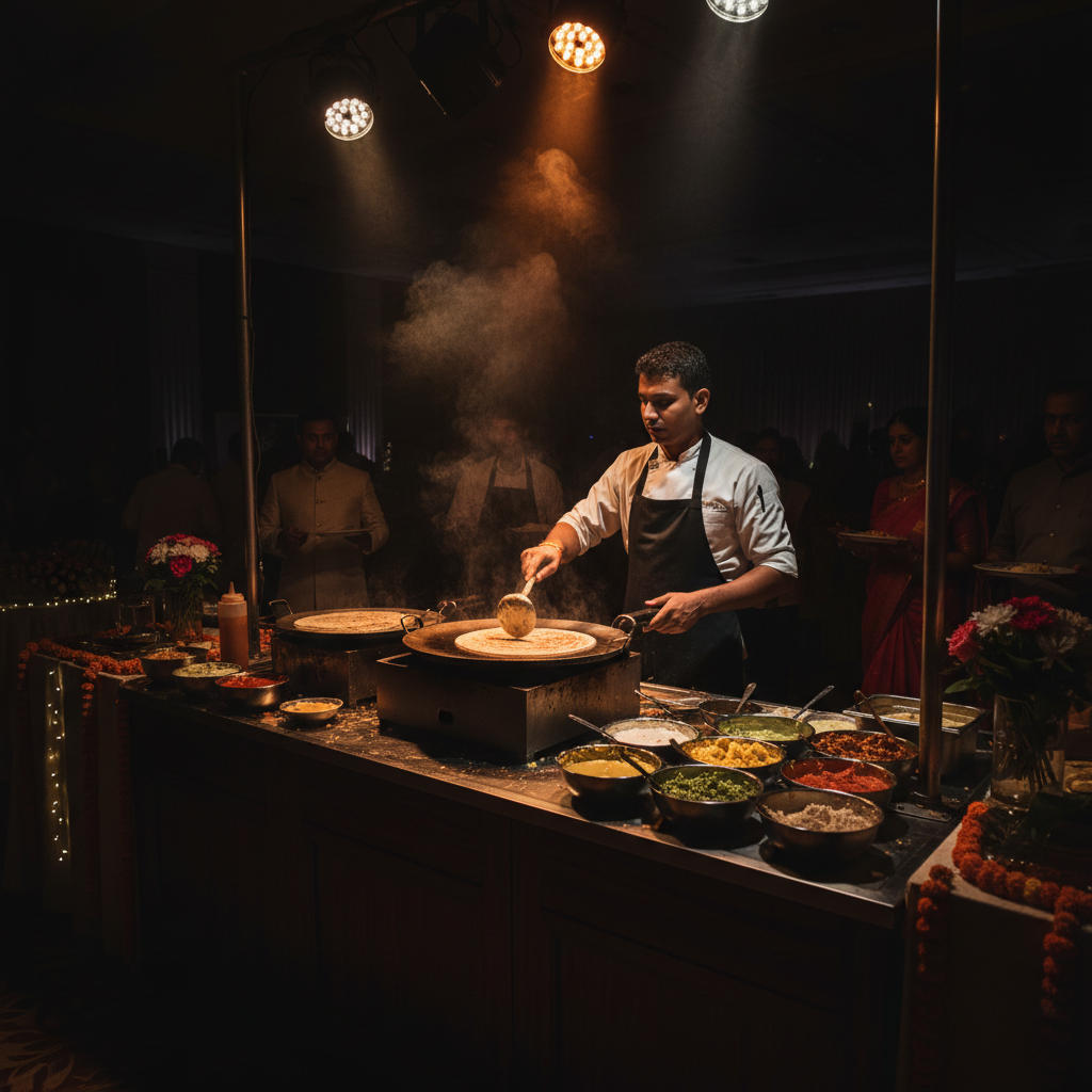 Indian wedding catering setup with chafing dishes and live food counter, bright event hall