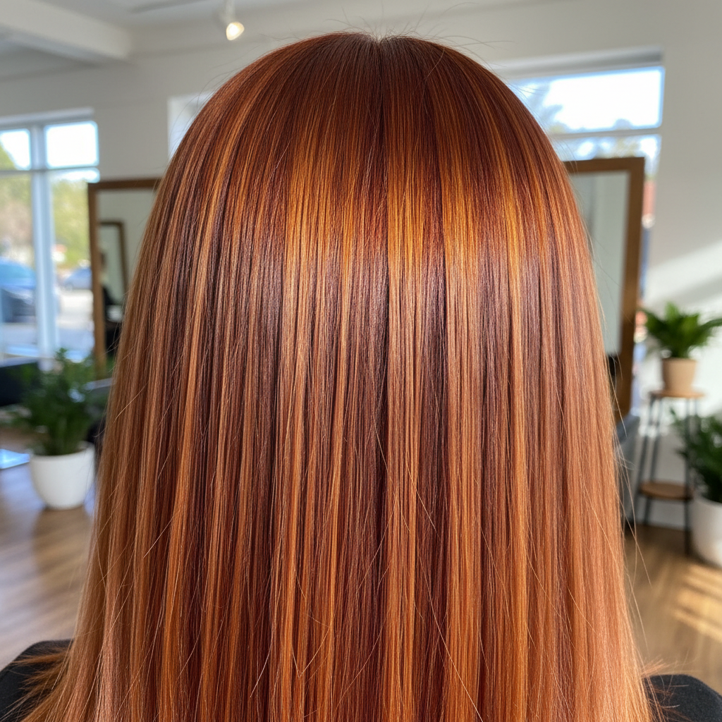 Vivid hair color treatment in modern salon, rich copper ombre on long hair, professional colorist