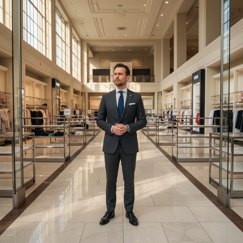 Store director standing at the entrance of a department store floor before opening, looking down the empty aisle
