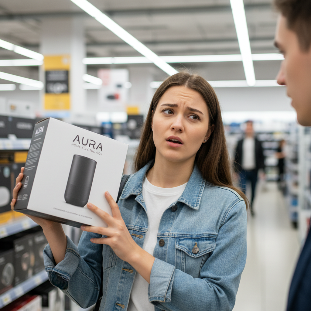 Woman looking confused at beauty products, overwhelmed expression, soft indoor lighting