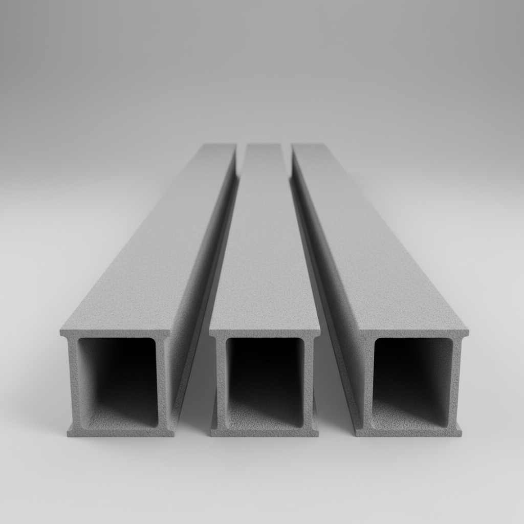 Same structural steel I-beam fully restored to mill-finish, blasted clean, zinc-gray primer applied, every edge sharp