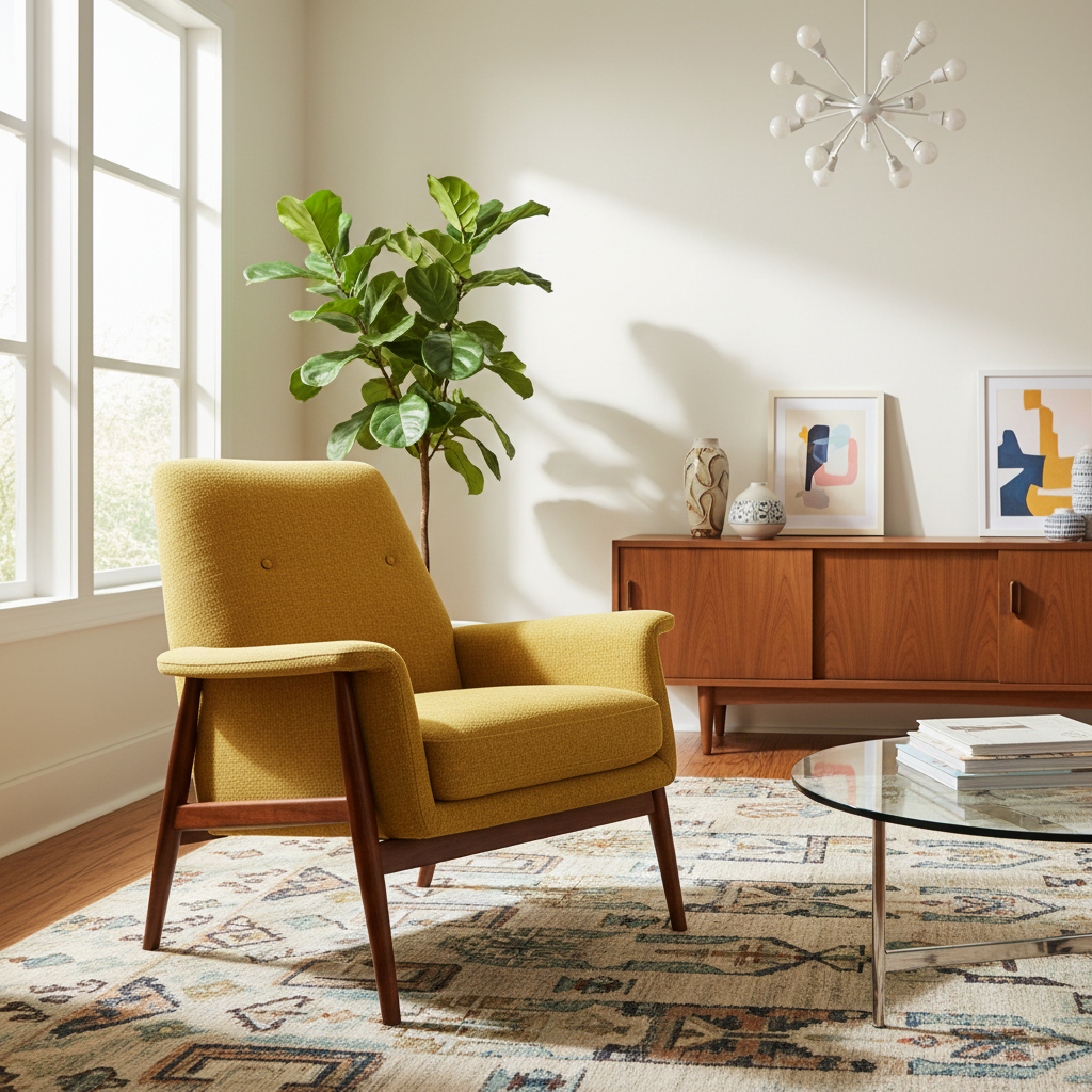 Mid-century armchair in walnut and cream upholstery