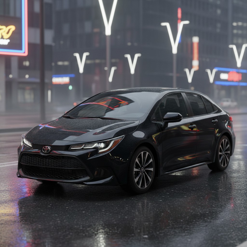 2023 Toyota Corolla SE in midnight black parked on wet urban street at night under street lights
