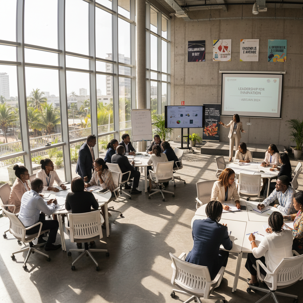 Team of professionals in a bright conference room, collaborative leadership workshop, modern office