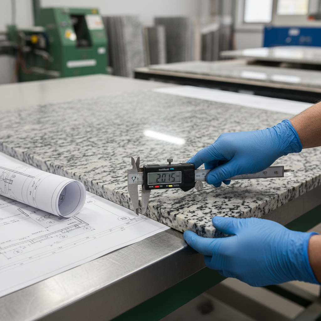 Stone slab quality control inspection with precise measurement tools and documentation