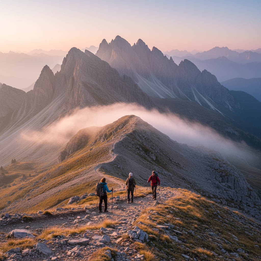 Hiker standing on dramatic mountain ridge at sunrise, vast landscape below, adventure and freedom, golden morning light