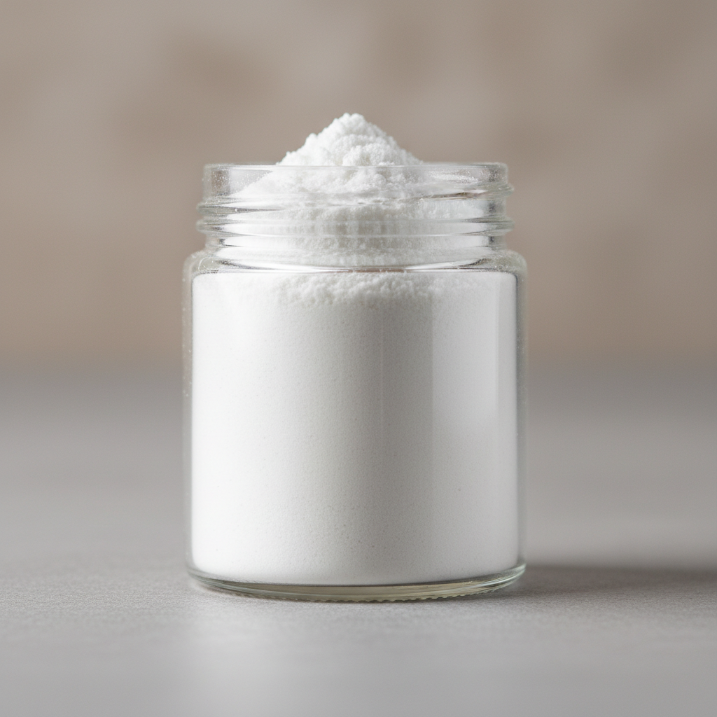 White zinc sulphate powder in small container, clean background, natural lighting