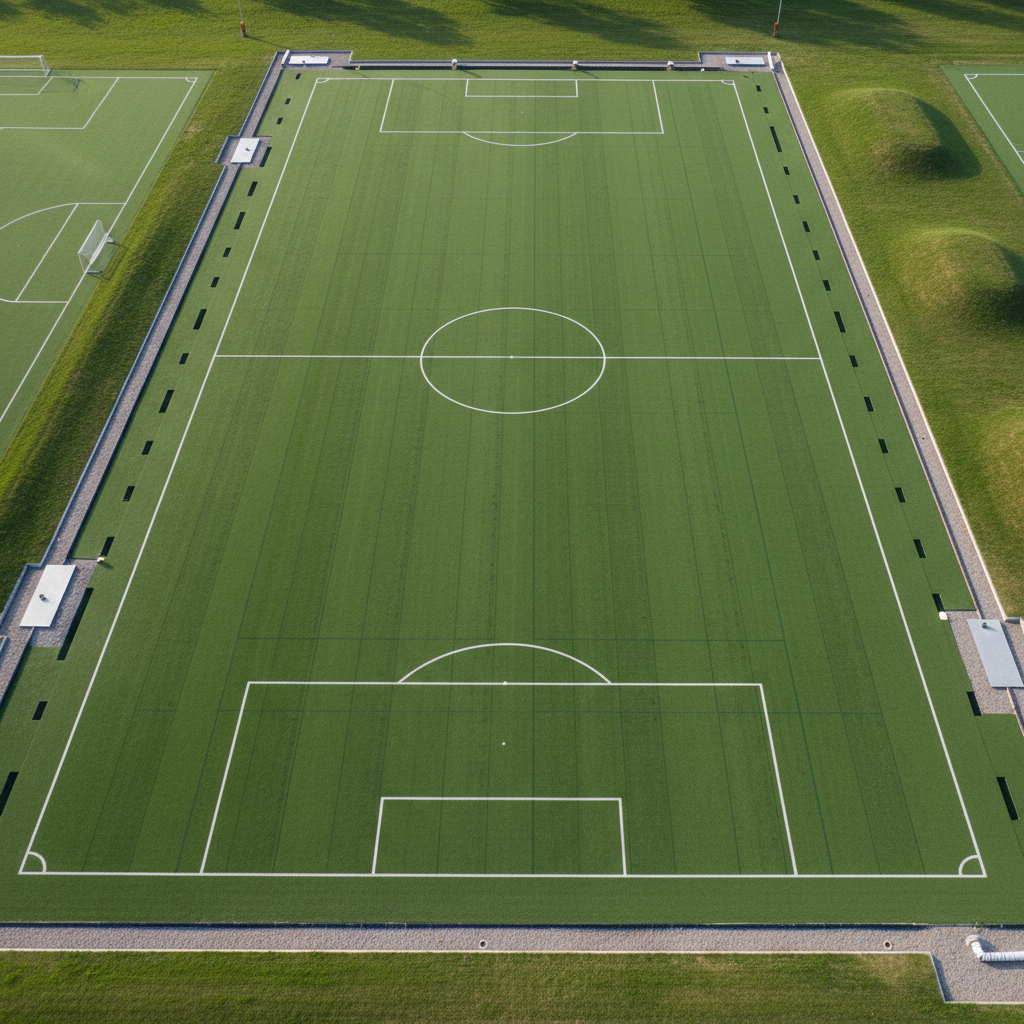 Aerial view of a FIFA-specification football pitch with white line markings and green natural turf