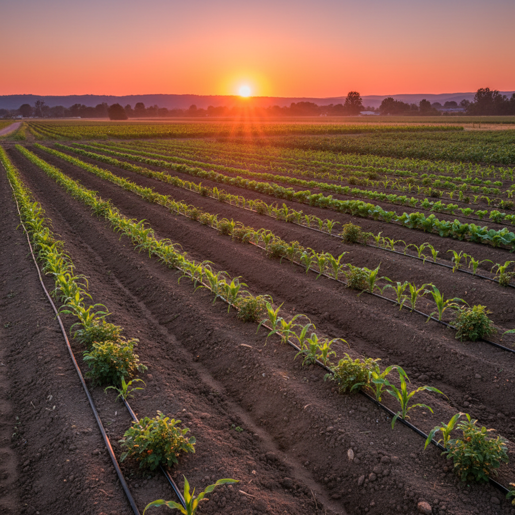 Wide agricultural field with irrigation pipes at sunset, dark silhouettes of crops against a deep amber and grey sky