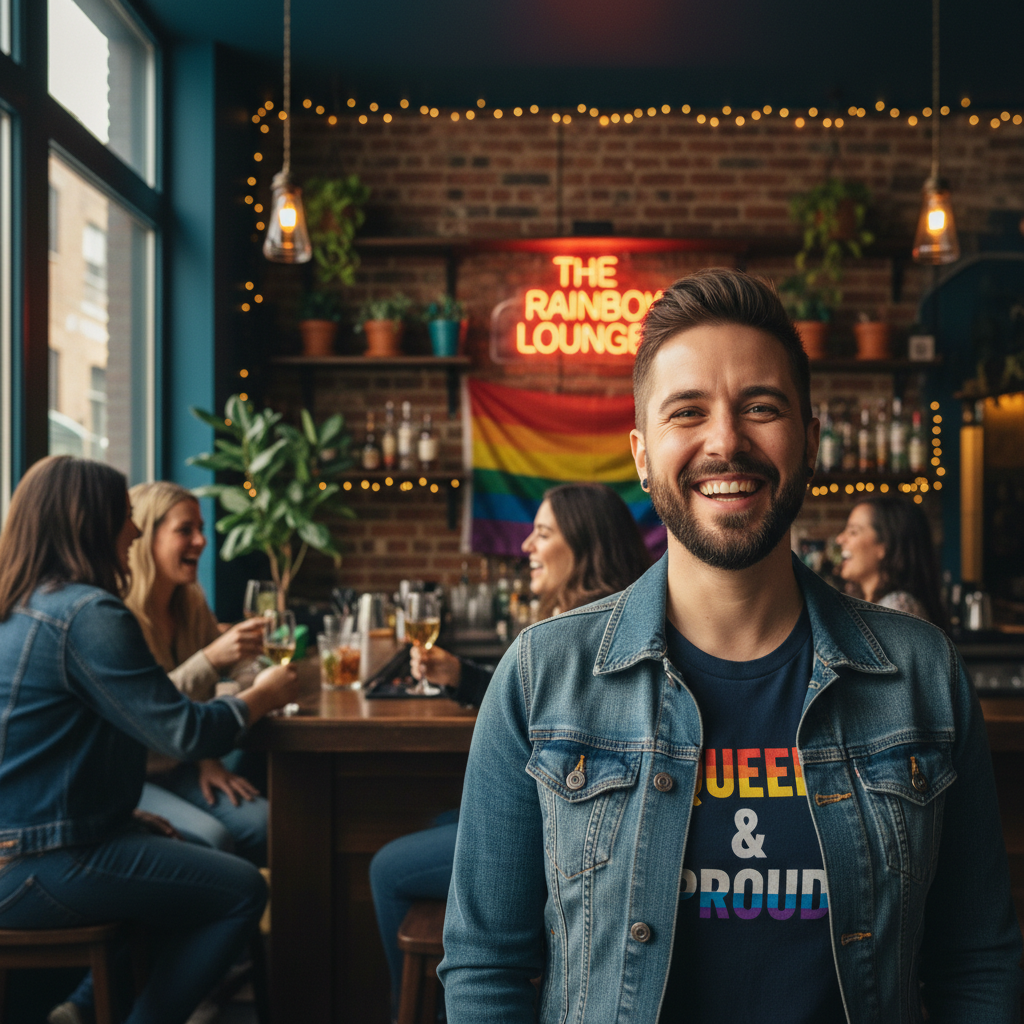 LGBTQ+ business owner smiling in front of their successful bar establishment
