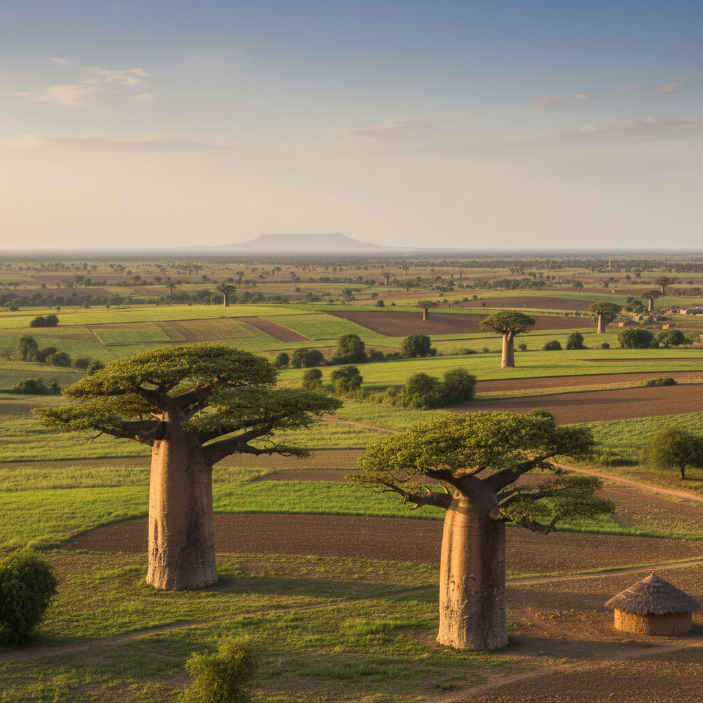 Aerial view of Zimbabwe rural landscape with ancient baobab trees, golden hour light, vast green plains
