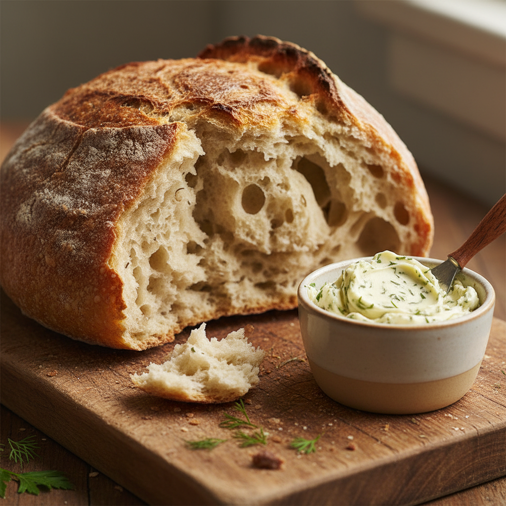 Torn sourdough loaf with an open crumb structure on a wooden board, served with herb-flecked cultured butter in a small crock